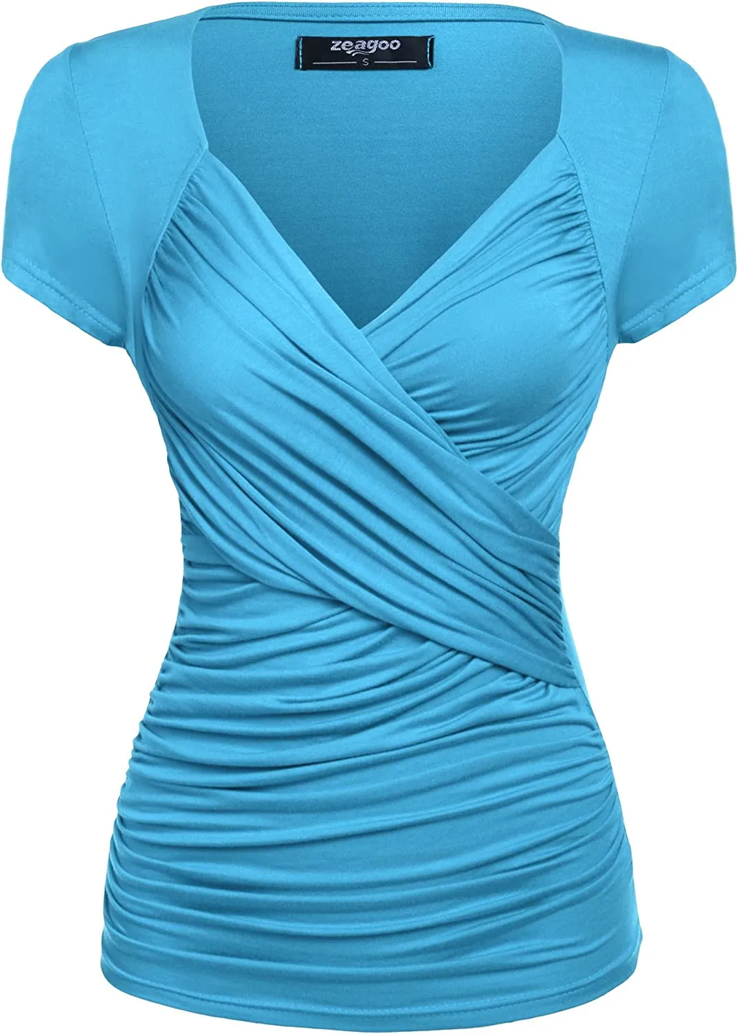Women's Cross-Front V Neck Ruched Short Sleeve Blouses Shirts Tops S-XXL - Zeagoo (Us Only)