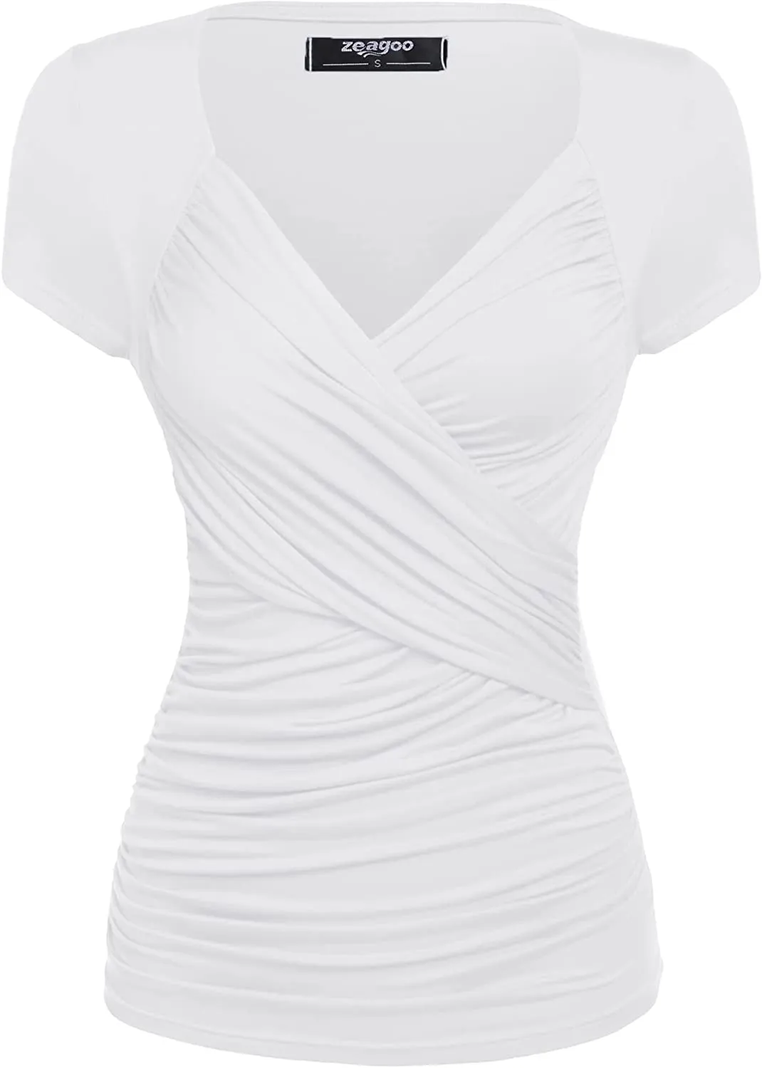 Women's Cross-Front V Neck Ruched Short Sleeve Blouses Shirts Tops S-XXL - Zeagoo (Us Only)