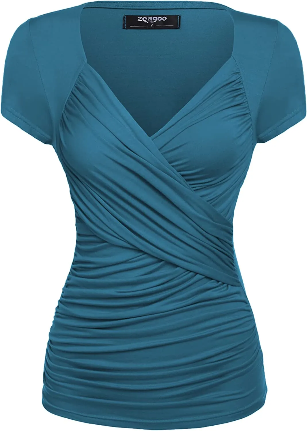 Women's Cross-Front V Neck Ruched Short Sleeve Blouses Shirts Tops S-XXL - Zeagoo (Us Only)