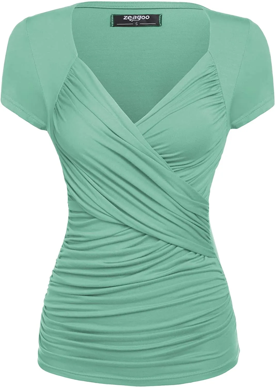Women's Cross-Front V Neck Ruched Short Sleeve Blouses Shirts Tops S-XXL - Zeagoo (Us Only)