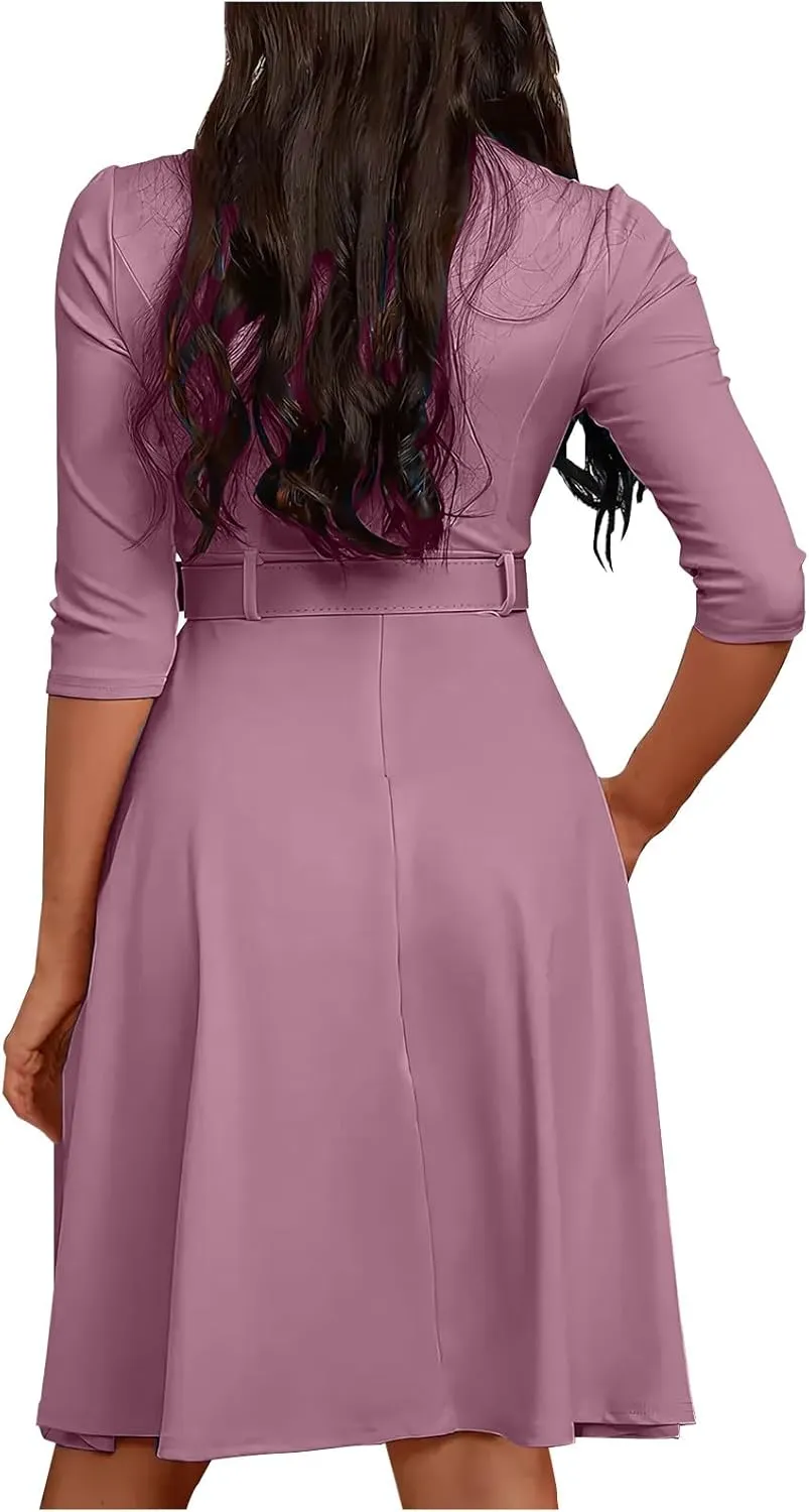 Womens Half Sleeve Zip Front Belted Midi Dress Summer Trendy Solid Color A Line Dresses Sexy Slim Fit Business Dress