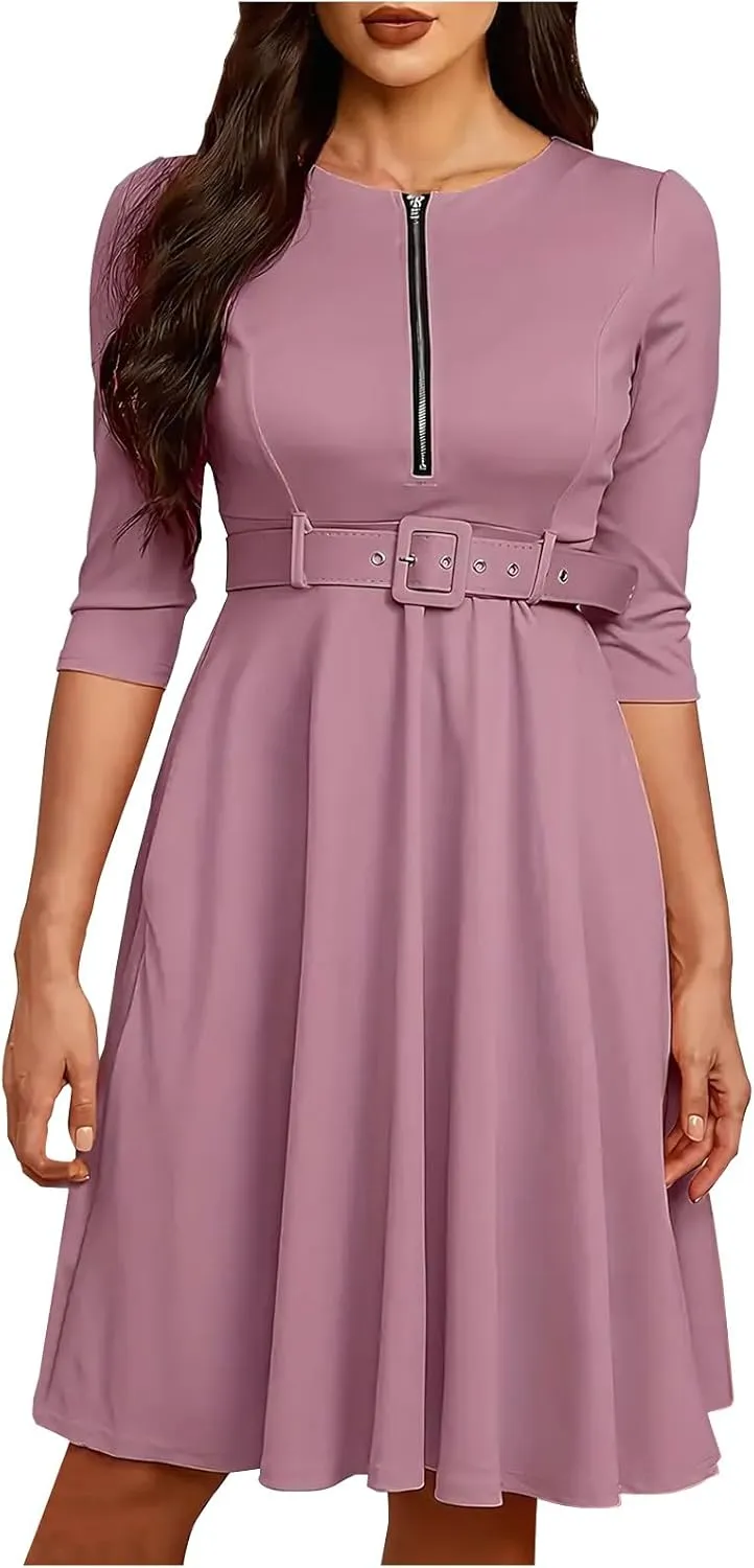 Womens Half Sleeve Zip Front Belted Midi Dress Summer Trendy Solid Color A Line Dresses Sexy Slim Fit Business Dress