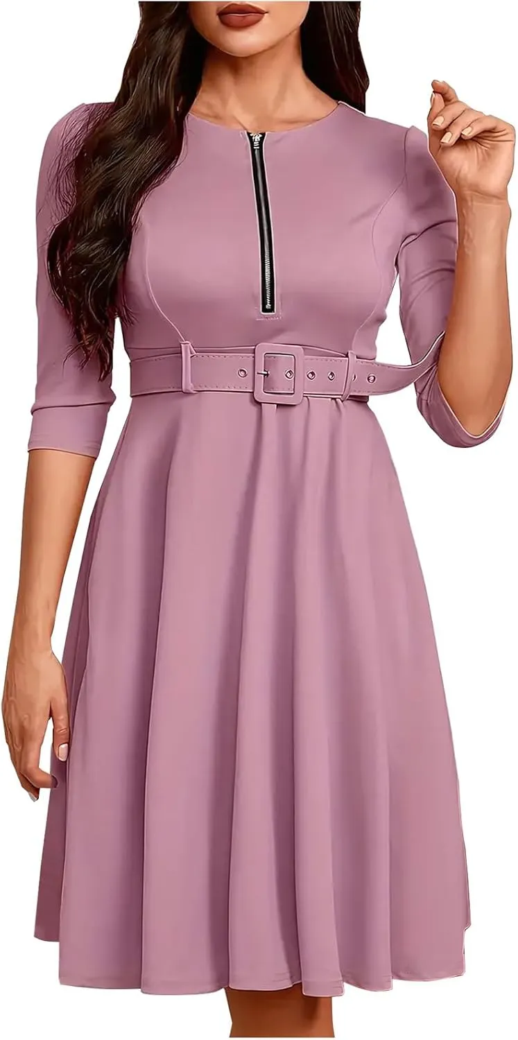 Womens Half Sleeve Zip Front Belted Midi Dress Summer Trendy Solid Color A Line Dresses Sexy Slim Fit Business Dress