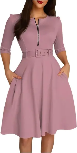 Womens Half Sleeve Zip Front Belted Midi Dress Summer Trendy Solid Color A Line Dresses Sexy Slim Fit Business Dress