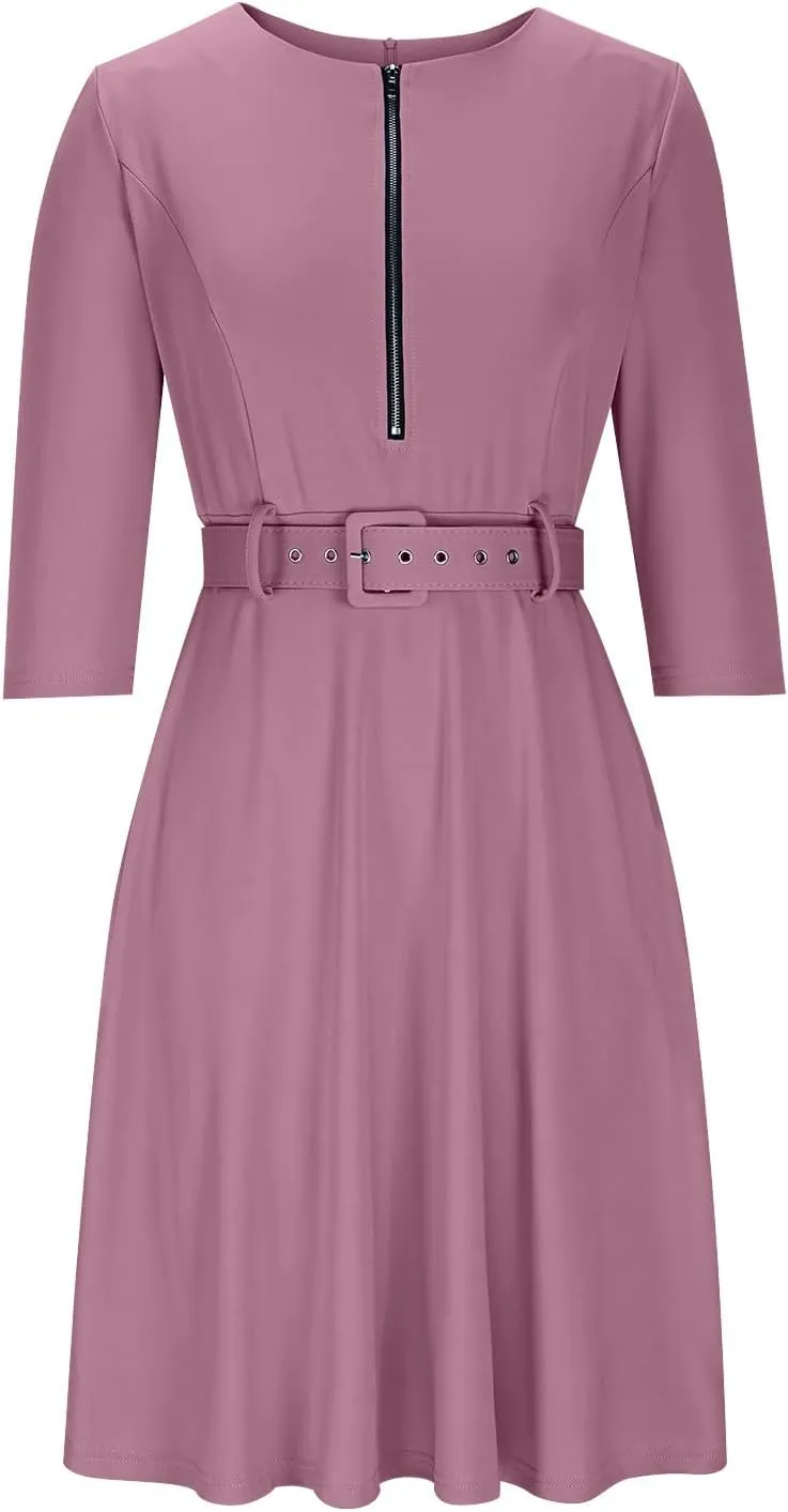Womens Half Sleeve Zip Front Belted Midi Dress Summer Trendy Solid Color A Line Dresses Sexy Slim Fit Business Dress