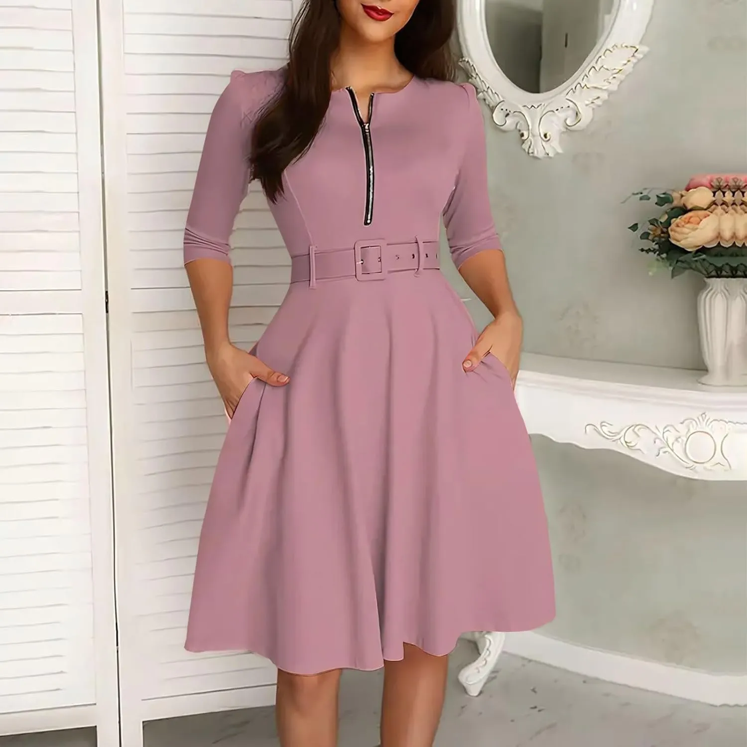 Womens Half Sleeve Zip Front Belted Midi Dress Summer Trendy Solid Color A Line Dresses Sexy Slim Fit Business Dress