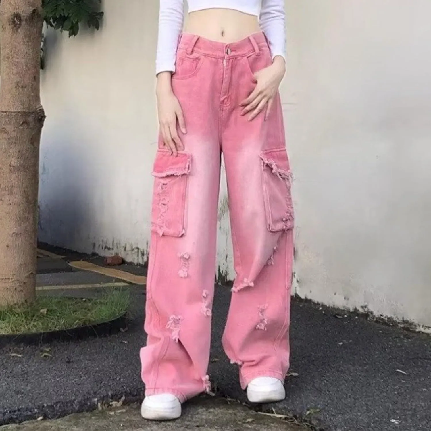 Womens High Waisted Cargo Jeans Wide Straight Leg Tummy Control Trendy Boyfriend Denim Pants Casual Baggy Jean Trousers
