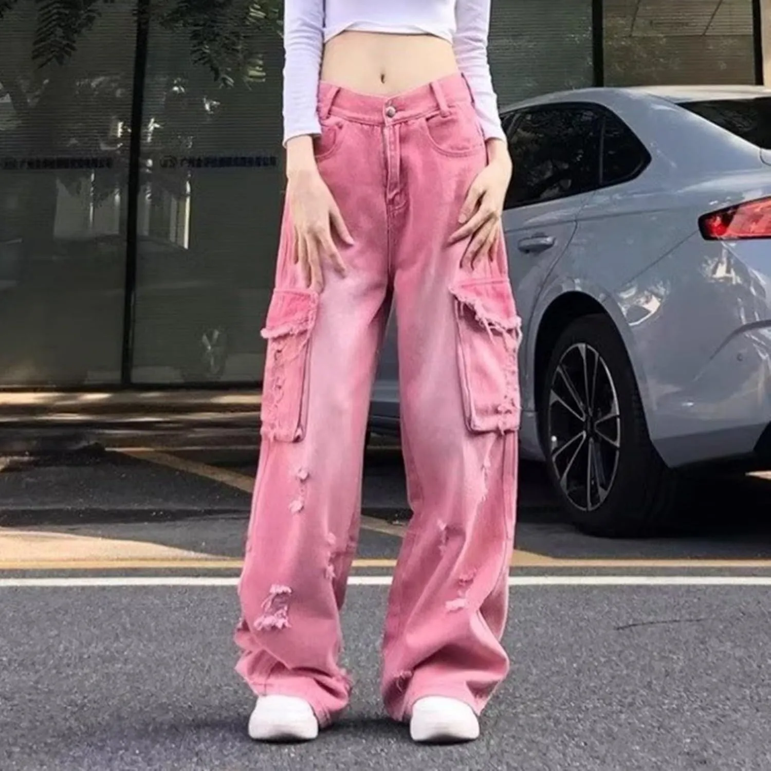 Womens High Waisted Cargo Jeans Wide Straight Leg Tummy Control Trendy Boyfriend Denim Pants Casual Baggy Jean Trousers