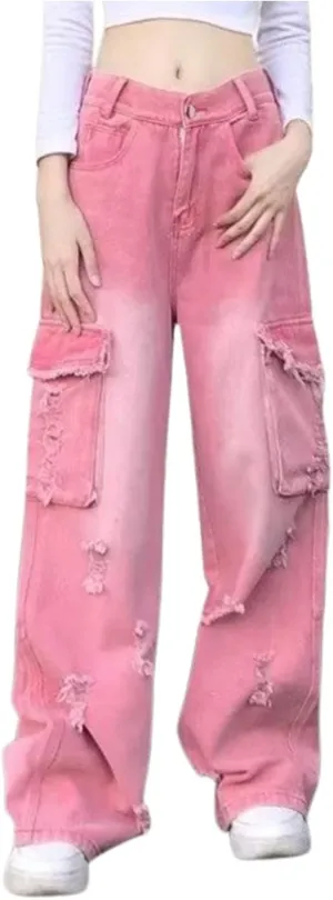 Womens High Waisted Cargo Jeans Wide Straight Leg Tummy Control Trendy Boyfriend Denim Pants Casual Baggy Jean Trousers