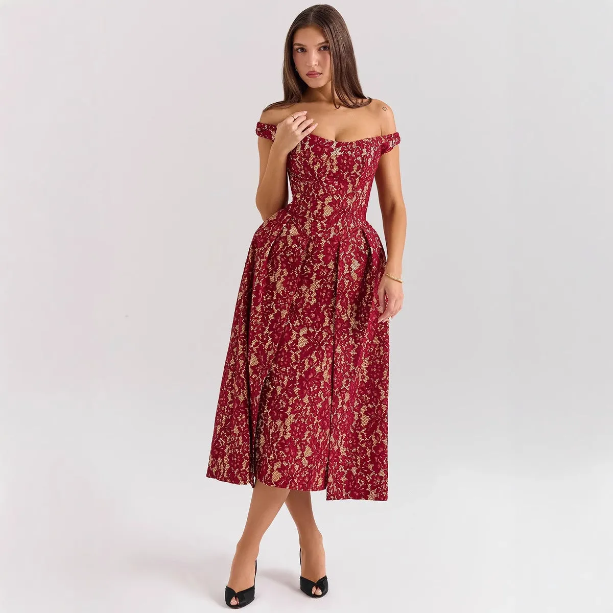 Womens Off-Shoulder Dress  Lace Overlay  Fitted Waist  Open Back Formal Wear