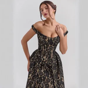 Womens Off-Shoulder Dress  Lace Overlay  Fitted Waist  Open Back Formal Wear