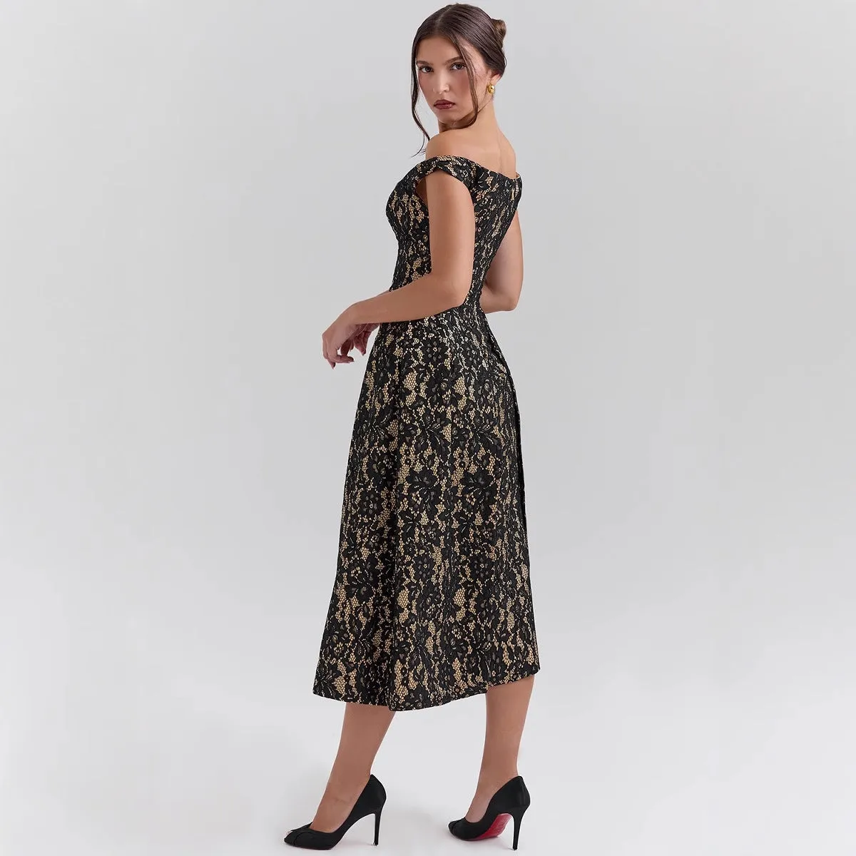 Womens Off-Shoulder Dress  Lace Overlay  Fitted Waist  Open Back Formal Wear