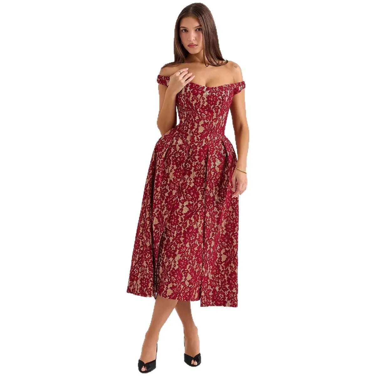 Womens Off-Shoulder Dress  Lace Overlay  Fitted Waist  Open Back Formal Wear