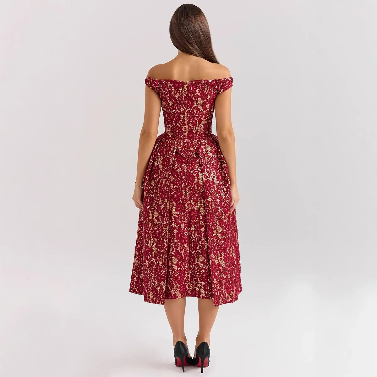 Womens Off-Shoulder Dress  Lace Overlay  Fitted Waist  Open Back Formal Wear