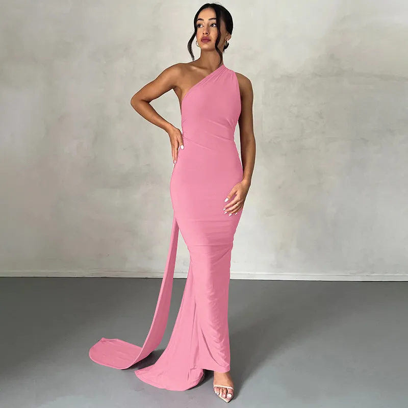 Womens Sleeveless Dress  Slim Fit  One Shoulder  Ruched Full-Length Formal Wear