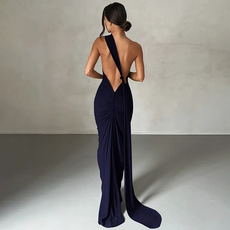 Womens Sleeveless Dress  Slim Fit  One Shoulder  Ruched Full-Length Formal Wear
