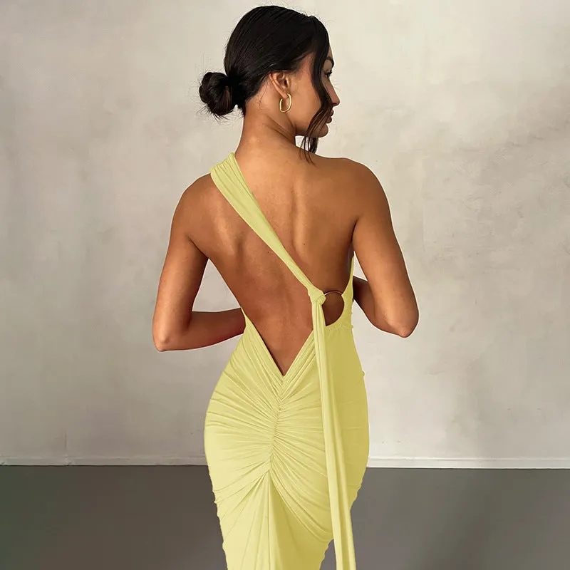 Womens Sleeveless Dress  Slim Fit  One Shoulder  Ruched Full-Length Formal Wear