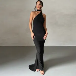 Womens Sleeveless Dress  Slim Fit  One Shoulder  Ruched Full-Length Formal Wear