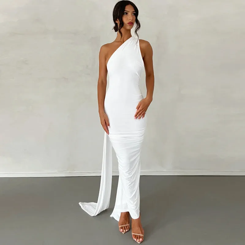 Womens Sleeveless Dress  Slim Fit  One Shoulder  Ruched Full-Length Formal Wear