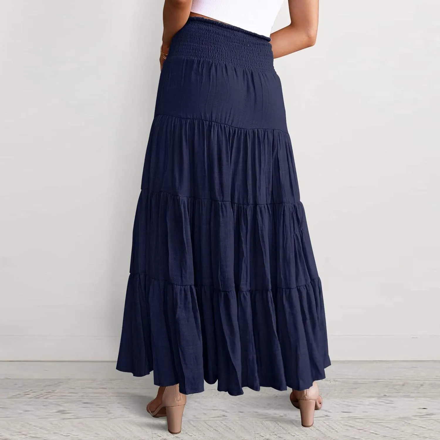 Women's Summer Elastic High Waist Maxi Skirt Casual Boho Floral Pleated Long Skirt Flowy A Line Skirts