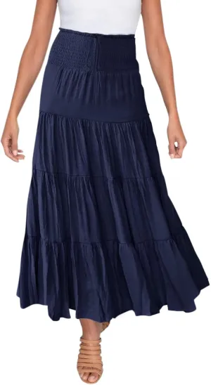 Women's Summer Elastic High Waist Maxi Skirt Casual Boho Floral Pleated Long Skirt Flowy A Line Skirts