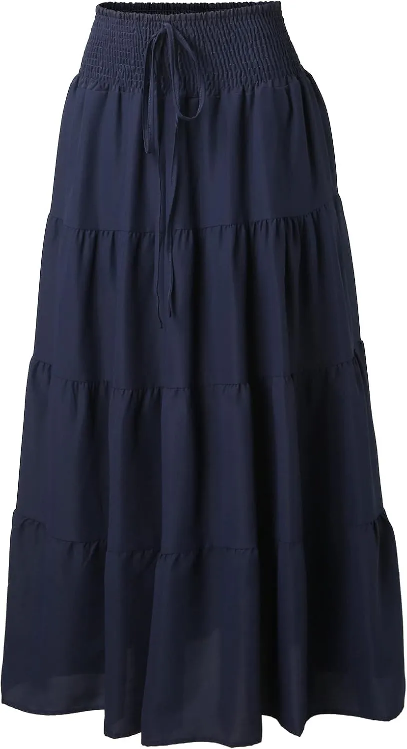 Women's Summer Elastic High Waist Maxi Skirt Casual Boho Floral Pleated Long Skirt Flowy A Line Skirts