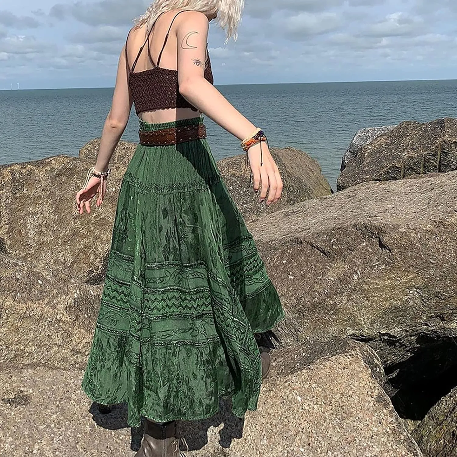 Women's Summer Elastic High Waist Maxi Skirt Casual Boho Floral Pleated Long Skirt Flowy A Line Skirts