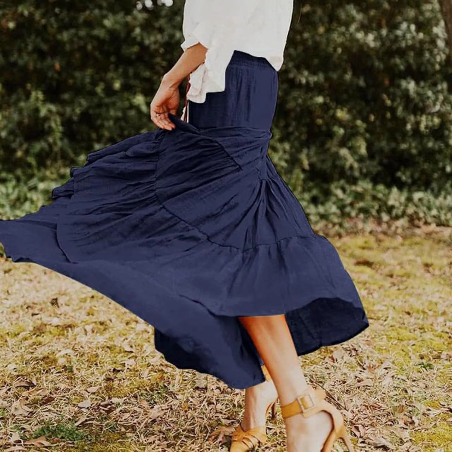 Women's Summer Elastic High Waist Maxi Skirt Casual Boho Floral Pleated Long Skirt Flowy A Line Skirts