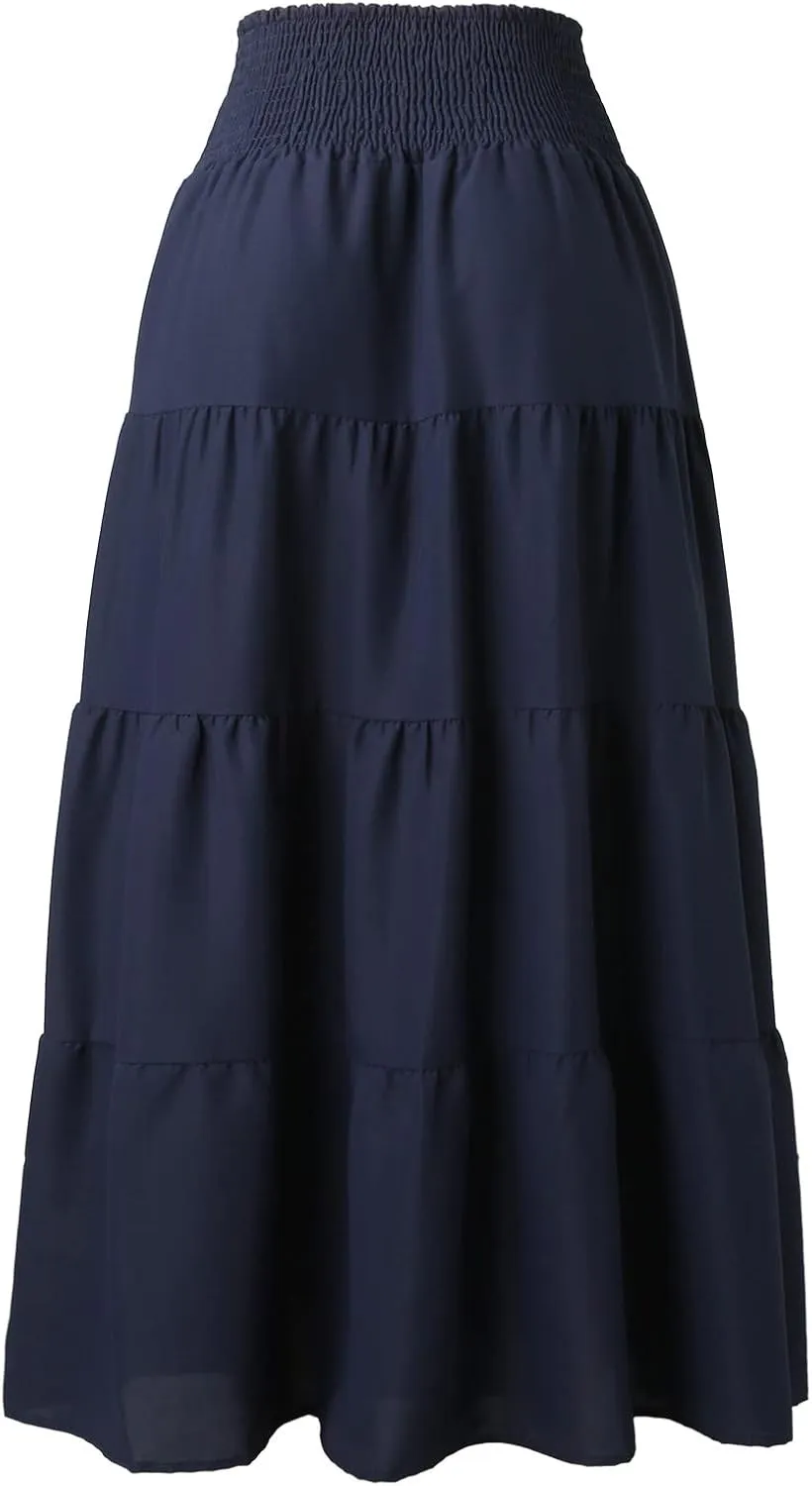 Women's Summer Elastic High Waist Maxi Skirt Casual Boho Floral Pleated Long Skirt Flowy A Line Skirts