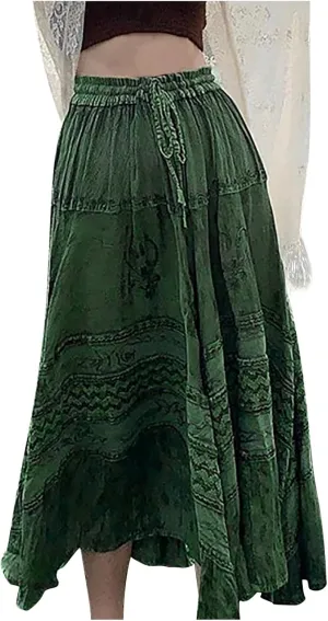 Women's Summer Elastic High Waist Maxi Skirt Casual Boho Floral Pleated Long Skirt Flowy A Line Skirts