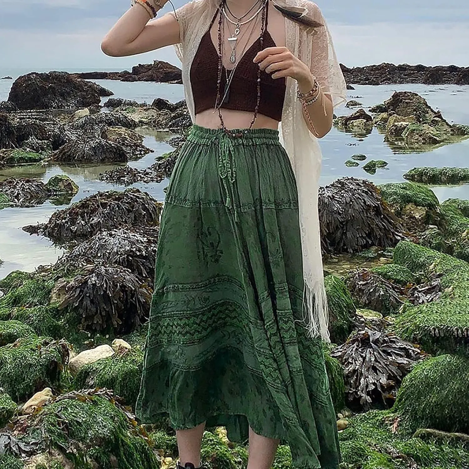 Women's Summer Elastic High Waist Maxi Skirt Casual Boho Floral Pleated Long Skirt Flowy A Line Skirts