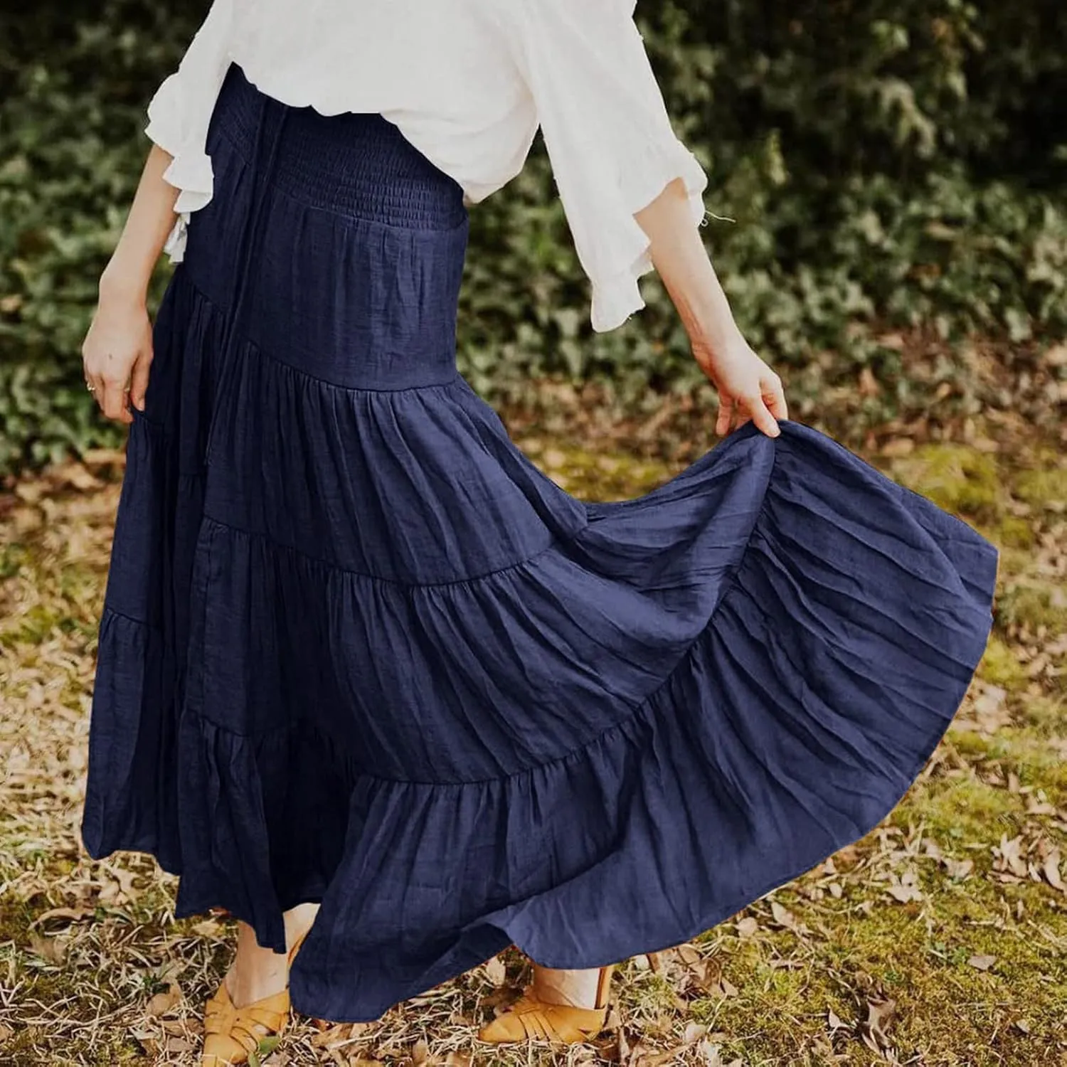Women's Summer Elastic High Waist Maxi Skirt Casual Boho Floral Pleated Long Skirt Flowy A Line Skirts
