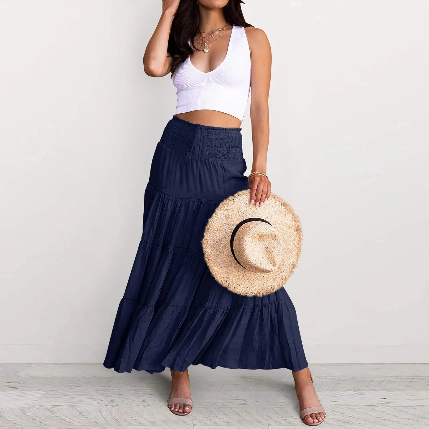 Women's Summer Elastic High Waist Maxi Skirt Casual Boho Floral Pleated Long Skirt Flowy A Line Skirts
