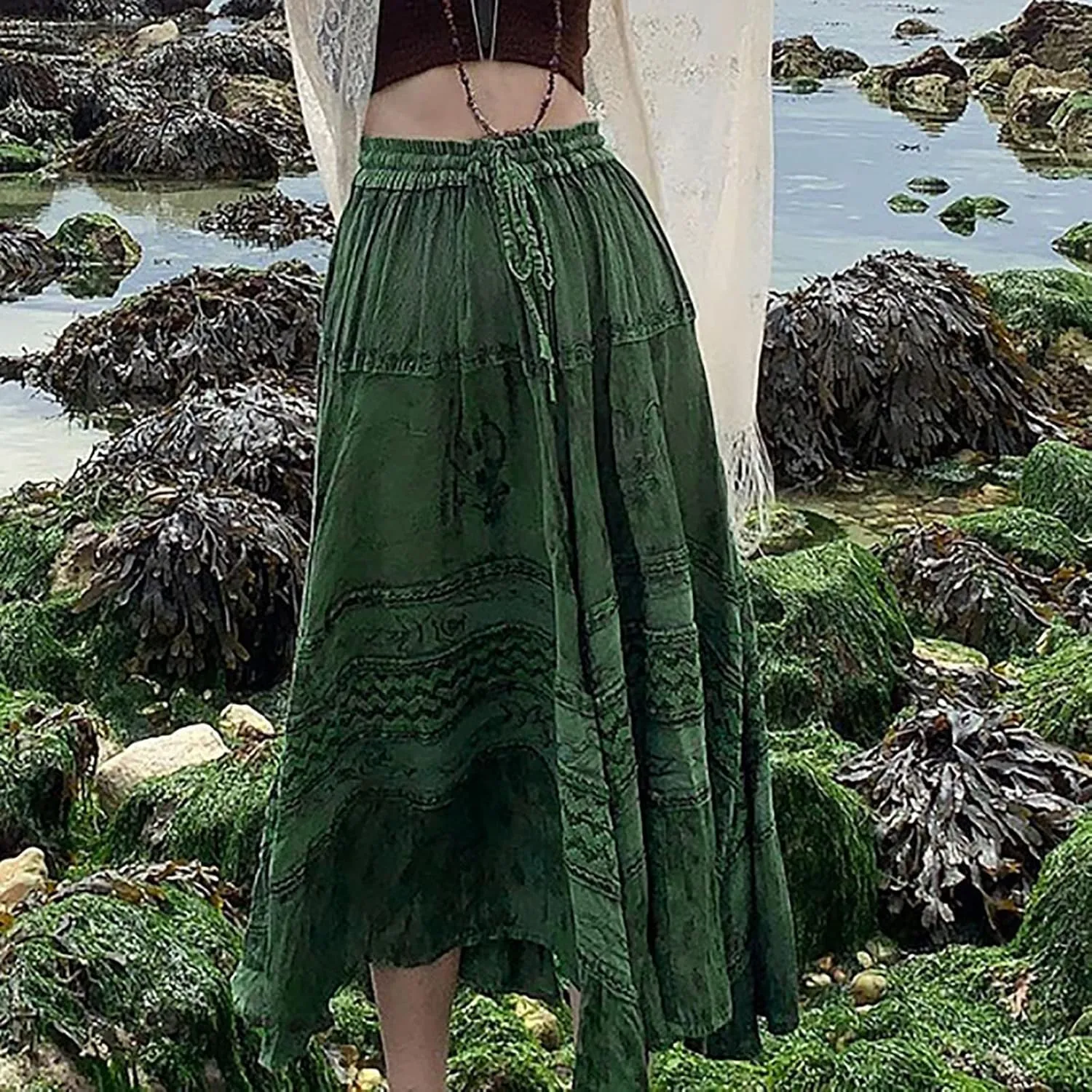 Women's Summer Elastic High Waist Maxi Skirt Casual Boho Floral Pleated Long Skirt Flowy A Line Skirts