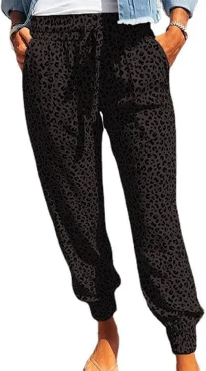 Womens Tapered Pants Leopard Print Drawstring Elastic High Waist Long Pants Loose Soft Casual Trousers with Pockets