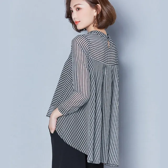xakxx Striped Long Sleeve Sunscreen Blouses Women  New Casual Chiffon Turn-Down Collar Shirt Plus Size Women Clothing Blusas Mujer
