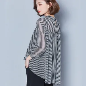 xakxx Striped Long Sleeve Sunscreen Blouses Women  New Casual Chiffon Turn-Down Collar Shirt Plus Size Women Clothing Blusas Mujer